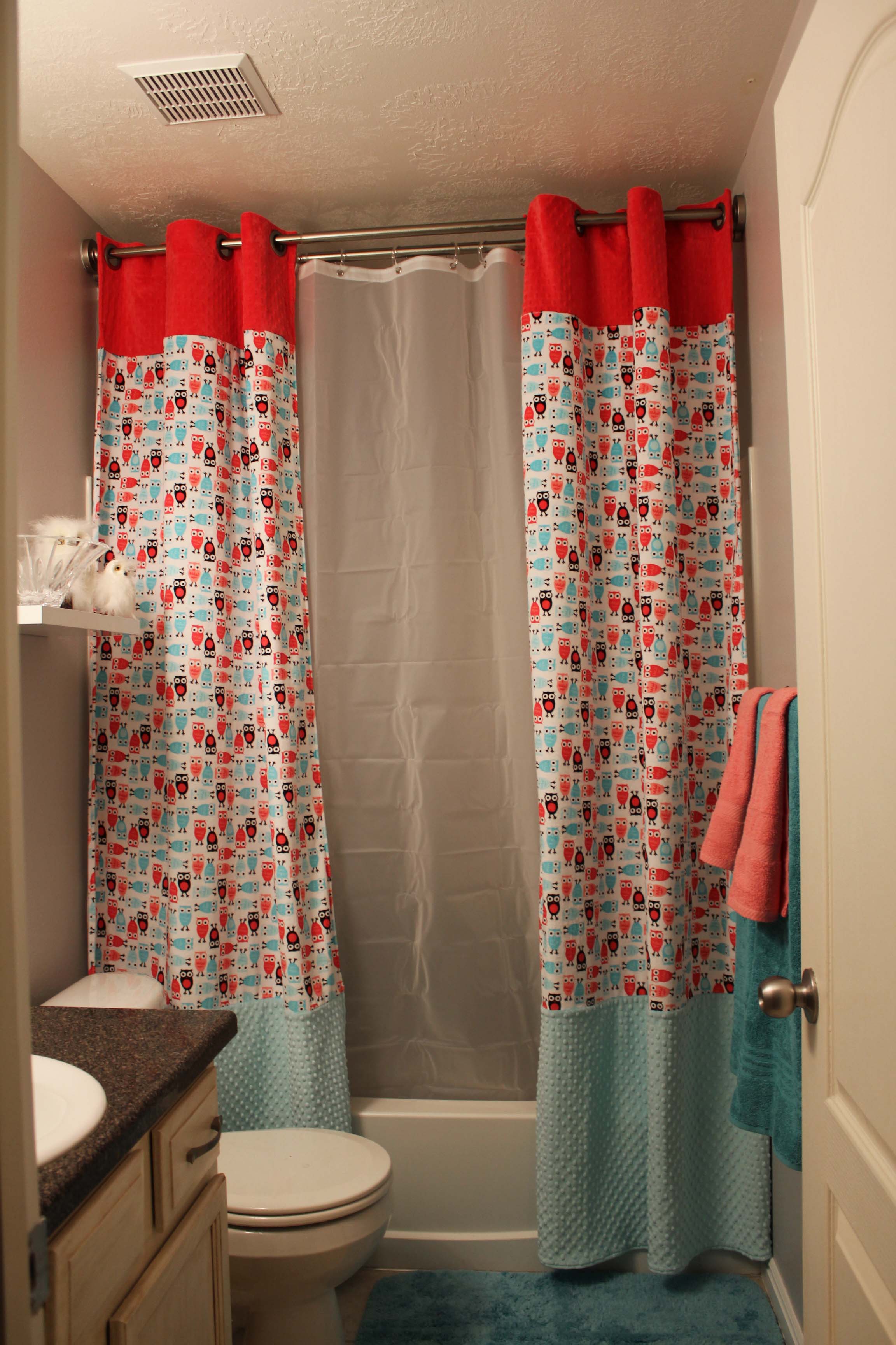 red and turquoise shower curtain